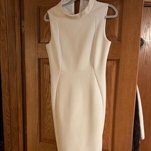 Calvin Klein Ivory Sleeveless Midi Dress with Beaded Collar